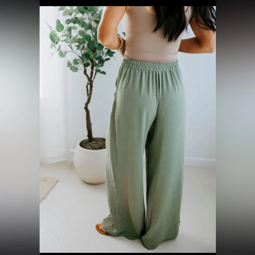 Ces Femme Wide Leg Pull On Pants Olive Side Pockets Womens Size Large - Picture 3 of 10